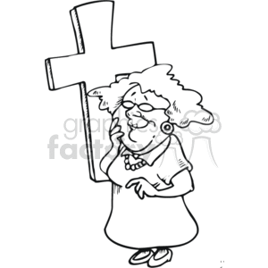   The clipart image depicts a senior lady standing next to a large Christian cross. She looks joyful or content, as she is smiling and has her eyes closed. She appears to be in a moment of reverence or prayer. Her attire includes a dress, a necklace, and she