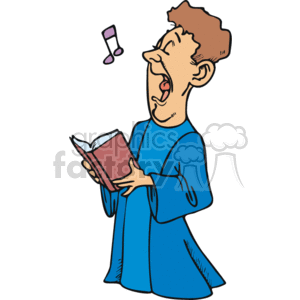 The clipart image depicts a cartoon character that appears to be a male choir member or singer engaged in singing. He is wearing a blue choir robe and holding a red hymnal from which he is singing with his mouth open wide. A single musical note is floating above, indicating the act of singing.