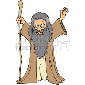 The image is a cartoon-style illustration of a biblical prophet or ancient religious figure. He is depicted with a long gray beard, wearing a brown robe with a cream-colored garment underneath. The figure is holding a staff in one hand and raising his other hand, possibly in a gesture of proclamation or blessing.
