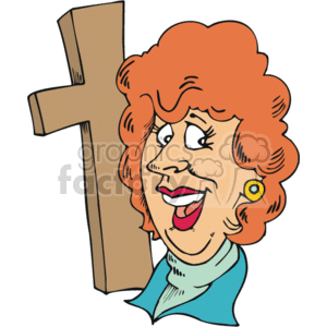The clipart image depicts a caricature of a smiling woman with red hair, wearing earrings and a scarf, next to a large wooden cross. Likely it symbolizes a Christian lady showing joy or devotion related to her faith.