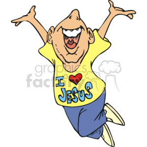 The clipart image depicts a joyful cartoon character with arms outstretched and a big smile on his face. He is wearing a yellow t-shirt with the phrase I love Jesus on it. The character appears to be in mid-jump or dance, expressing a sense of happiness and exuberance.