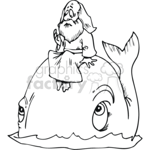 This clipart image depicts a biblical scene often associated with the story of Jonah from the Hebrew Bible or Christian Old Testament, where a man presumed to be Jonah is sitting on top of a whale. The man has a long beard, is wearing a robe, and appears to be praying or in a state of meditation. The whale has a friendly expression and is partially submerged in water.