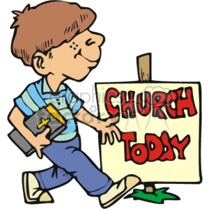   This clipart image depicts a cartoon boy with brown hair walking and holding a black book, presumed to be a Bible, tucked under his arm. He has a content expression on his face and is looking ahead as he walks by a sign that reads CHURCH TODAY in bold, red letters. The sign is staked into the ground and there