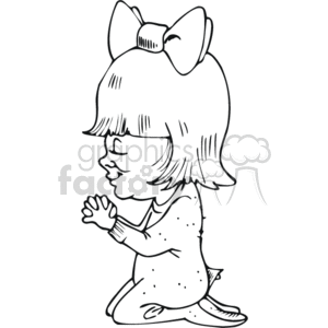 The clipart image shows a young girl kneeling with hands pressed together in a prayerful pose. She has a bow in her hair and is drawn in a simple, outlined style typical of coloring pages.
