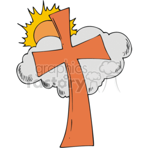 The clipart image features a large, stylized orange cross in the foreground with a sun partially hidden behind it, radiating light. The cross appears to be in the sky, given the presence of fluffy white and grey clouds surrounding it from behind and below.