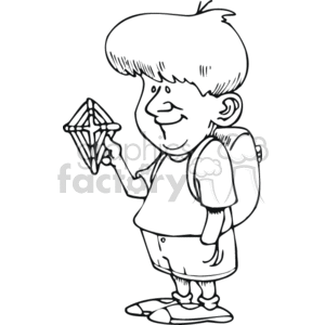   The image is a black and white clipart illustration of a young boy holding an object resembling a star or possibly a simplified representation of a dream catcher. He has a happy expression on his face and is wearing a short-sleeved shirt, shorts, and sneakers. He also has a backpack on his back. There are no explicit religious symbols present, so the keywords such as religion or LDS (which usually refers to the Church of Jesus Christ of Latter-day Saints, also known as the Mormon church) that you
