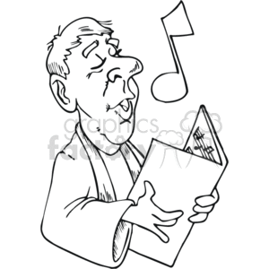 The clipart image depicts a male choir member or singer singing from a piece of sheet music. He is dressed in a choir robe and appears to be enthusiastically performing, with a musical note indicating his singing. The expression on his face suggests he is emotionally engaged with the song.