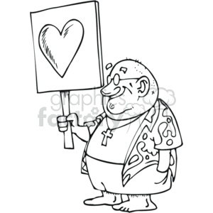 The clipart image shows a bald, smiling figure wearing a robe or cloak with a cross necklace, indicating a religious or Christian theme. The character is holding a sign with a heart on it, which conveys a message of love or peace. The simple line drawing style is typical of clipart used for educational or decorative purposes.