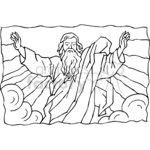 The clipart image depicts a figure commonly associated with representations of God in Western Christian art. The figure has long hair and a beard, and is shown with outstretched arms, which may convey a sense of welcoming, authority, or giving a blessing. The figure is dressed in flowing robes and is surrounded by stylized clouds, which may represent the heavens. The overall appearance suggests a deity figure or a representation of the divine in human form, presented in a style suitable for religious educational materials or coloring activities.