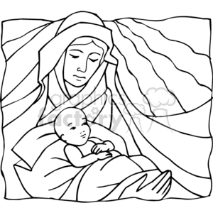 This is a black and white clipart image depicting the Virgin Mary holding the baby Jesus. The image is stylized with simple outlines and appears to be designed for activities such as coloring, storytelling illustrations, or religious educational materials.