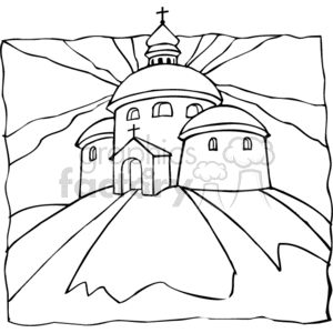 The clipart image depicts a stylized illustration of a Christian church. It features a central domed structure with a cross on top, surrounded by smaller domed buildings, possibly representing a chapel or additional church structures. The illustration also includes radial lines in the background, suggesting a burst of light or divine glory emanating from the church. The composition sits atop an uneven, ground-like base which gives the impression that the church is situated on a hill or elevated ground.