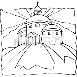   The clipart image depicts a stylized illustration of a Christian church. It features a central domed structure with a cross on top, surrounded by smaller domed buildings, possibly representing a chapel or additional church structures. The illustration also includes radial lines in the background, suggesting a burst of light or divine glory emanating from the church. The composition sits atop an uneven, ground-like base which gives the impression that the church is situated on a hill or elevated ground. 