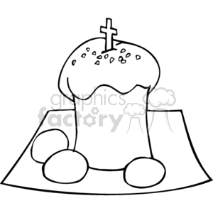 The image depicts a cake with a Christian cross on top, suggesting a religious theme or context, possibly associated with a Christian celebration. The cake appears to be decorated with sprinkles and is presented with two round objects that could be interpreted as bread rolls or eggs, on a cloth or table mat.