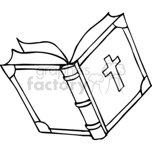   The clipart image shows an open book with a cross on one of its pages, which is commonly used to represent the Bible or Christian religious text. The book has a cover with visible binding and texture, and the pages are slightly ruffled, indicating that it