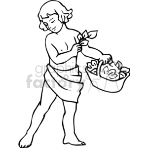 The image is a black and white line art drawing of a child in a simple draped garment, reminiscent of biblical times. The child has a serene expression and is holding a branch with leaves while reaching into a basket filled with what appears to be leaves