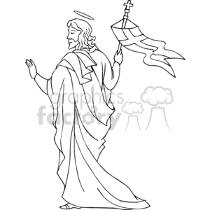 This is a line drawing of an angelic figure with a halo, wearing a long robe, and holding a flag with a cross on it, which is a symbol commonly associated with Christianity. The angel appears to have a peaceful expression and is gesturing with one hand raised.