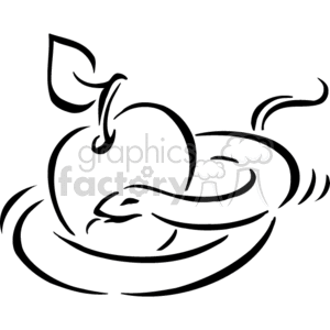 This clipart image depicts a single apple with a leaf still attached to its stem, encircled by a snake. The snake appears to be partly coiled around the apple, and its head is resting on its body, facing the viewer.