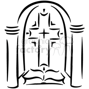 The clipart image displays a simplified representation of a Christian religious theme, featuring a cross that is possibly part of a stained glass window design. The cross is at the center, with decorative elements around it that could be interpreted as light emanating from it or as architectural embellishments, such as columns on either side, which might suggest a church setting.