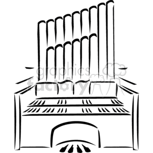 This clipart image features a pipe organ, a musical instrument commonly associated with Christian churches. The organ is characterized by the vertical pipes of varying lengths, the console with keyboards, and the pedalboard at the base, which are all typical features of such organs in religious settings.