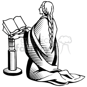 The clipart image depicts a black and white drawing of a Christian woman or girl praying while reading a open Bible. The person appears to be wearing conservative clothing, possibly indicating affiliation with the Latter-Day Saints (LDS) Church. The image suggests a religious theme related to prayer and devotion to God through reading the Bible.
