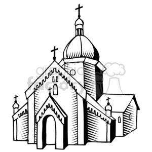 The image depicts a line art illustration of a Christian church building. The church features architectural elements such as a large central dome with a cross on top, an entrance with an arched doorway, and additional crosses on smaller structures attached to the church. The image portrays the church in a simplified black and white drawing, emphasizing the outlines and shapes of the structure without any shading or color.