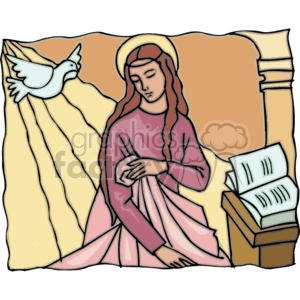 The image appears to be a stylized clipart illustration showing a representation of the Virgin Mary with a halo above her head, dressed in a pink robe, kneeling and looking downward with her hands placed tenderly over her stomach, suggesting a reference to her pregnancy with Jesus Christ as part of the Nativity story in Christianity. To her left, there is a white dove in flight which traditionally symbolizes the Holy Spirit. In the bottom right corner, there is a stand with an open book on it, perhaps symbolizing the scripture or divine message.