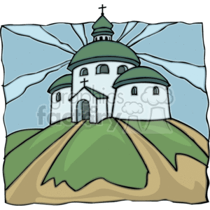 The clipart image depicts a stylized drawing of a Christian church situated on a hill. The church has a central dome with a cross on top, and it is flanked by smaller domed structures. The path leading to the entrance is visible, and the background features rays of light emitting from behind the church, suggesting a sunrise or divine presence. The image includes a blue sky with stylized clouds.