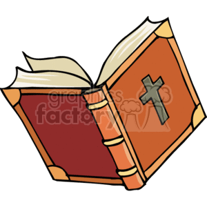 The image is a clipart of an open Bible. The Bible is depicted with a reddish-brown cover featuring a cross on the front, symbolizing its connection to the Christian faith.