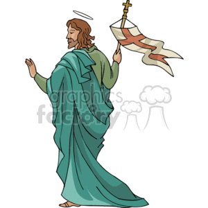 The image shows a figure that appears to represent Jesus Christ, based on traditional Christian iconography. The figure has a halo around the head, long hair, and is wearing a flowing robe. The figure is also holding a staff with a flag that has a Christian cross on it, which suggests a connection with Christian symbolism and may represent a resurrection or triumph.