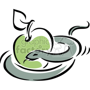 The clipart image depicts a stylized green apple with a leaf, wrapped by a snake. The apple and snake combination is a common representation associated with the Biblical story of Adam and Eve, where the snake (often interpreted as a representation of Satan) tempts Eve to eat from the forbidden fruit, leading to the fall of man.