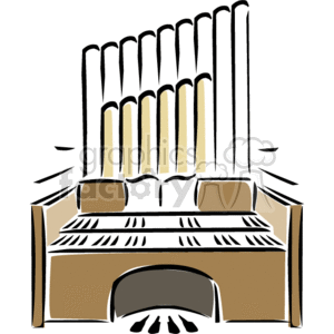 The clipart image depicts a pipe organ, which is a musical instrument commonly associated with Christian churches. It features the characteristic large pipes at the back and an organ console which includes keyboards and stops.