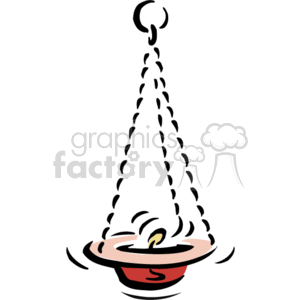 This clipart image depicts a hanging candle. The candle appears to have a flame lit and is contained within a holder, which is attached to a chain that loops at the top, indicating that it can be suspended from a hook or fixture.