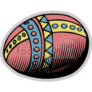  The clipart image depicts a decorated Easter egg. The egg features a mix of patterns, including stripes and geometric shapes, in a variety of colors such as red, blue, and yellow. There