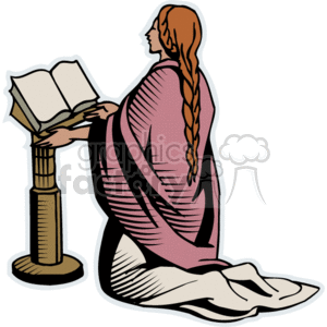 The clipart image shows a woman with a long braid, dressed in ancient attire, kneeling and reading a large, open book resting on a stand. The book is likely to represent the Bible, suggesting that the woman is engaged in prayer or study. Her head is slightly tilted upwards, maybe reflecting contemplation or reverence.