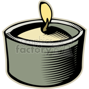 This image depicts a single, lit candle with a simple design. The candle has a visible wick with a small flame at the top and a melted wax surface.