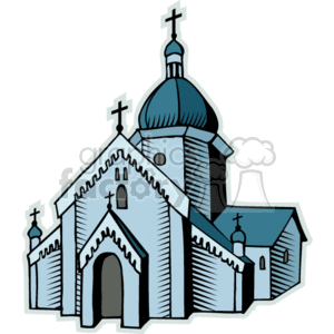 This clipart image depicts a stylized Christian church or cathedral. The building features a large central dome with a cross on top, typical of Eastern Orthodox architecture. There are additional crosses and smaller domes or spires, which suggest a traditional religious structure with multiple sections. The architecture includes arched doors and windows, indicative of Christian church design.