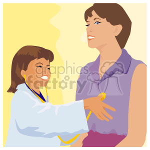   The clipart image features two animated characters: one appears to be a young medical professional or nurse wearing a lab coat with a stethoscope, and the other seems to be an adult female, possibly a patient or colleague. The medical professional is smiling and has her hand on the other woman