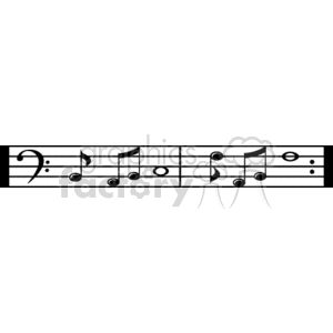   The clipart image features a series of musical notation symbols, including a treble clef symbol at the beginning, several types of music notes (eighth notes, quarter note, half note, and whole note) positioned on a staff with five parallel lines, and common music rests (quarter rest and eighth rest). There