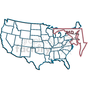   The clipart image depicts an outline of the United States with individual state boundaries marked. Highlighted on the map is the state of Maryland (MD), which is emphasized with a larger, more detailed outline and an arrow pointing to it. The letters MD are also inside the state