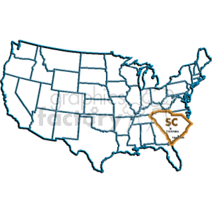 The clipart image shows a map of the United States of America with individual states delineated by lines. Highlighted on the map is the state of South Carolina (SC), indicated with an enlarged, contrasting shape and labeled with its abbreviation 'SC'. The state is colored differently to stand out from the rest of the map. 