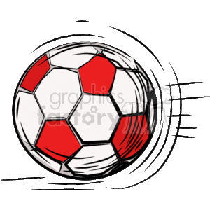 The image is a clipart illustration of a classic black-and-white paneled soccer ball. However, it has a few red panels, which is not standard for a traditional soccer ball. The ball is depicted with motion lines to its right, indicating that it is moving at a high speed.