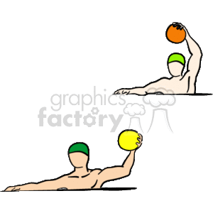 The clipart image features two swimmers or water polo players, possibly indicating an action related to water polo or swimming sports. Each figure is wearing a cap, typically used in water sports, and is holding a ball above the water, a characteristic action in water polo.