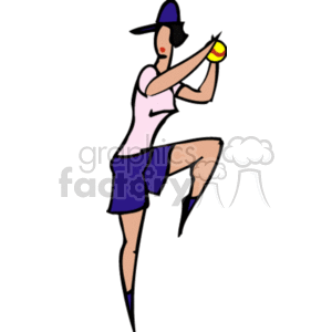 The clipart image depicts a female softball player. She is wearing a cap, a sleeveless top, and shorts, all coordinated in shades of blue and purple. The athlete is posed mid-pitch, with her arm raised to throw a yellow softball.