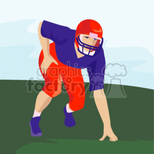 The image is a clipart representation of a football player in a defensive stance. The player is wearing a blue and red football uniform with a helmet, shoulder pads, and cleats. He appears ready to engage in a play, with one hand placed on the ground and his knees bent in anticipation. The background suggests a grassy field with a hint of sky.