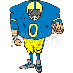 This clipart image features a cartoon of an American football player. He is wearing a football uniform with a jersey that has the number 0 on it. The uniform includes a helmet with a visor, shoulder pads, wristbands, football pants, and cleats. The player is holding a football in one hand and seems to be in a standing pose.