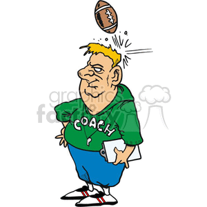   The image shows a cartoon of a football coach. The coach is depicted as a middle-aged man with a slightly grumpy expression. He is wearing a green sweatshirt with the word COACH on it, blue shorts, and sneakers with red stripes. He has a whistle around his neck and is carrying a playbook or clipboard in his left hand. There
