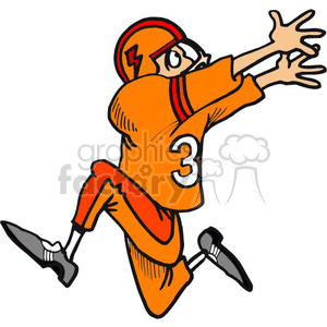   The clipart image shows a stylized depiction of an American football player in the act of running or jumping to catch a football. The player is wearing a football uniform with the number 3, as well as a helmet with a lightning bolt design, which may suggest speed or power. The player