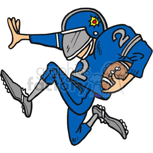 The clipart image depicts a stylized cartoon of an American football player. The player is wearing a blue uniform with a helmet and is depicted in a dynamic running pose, suggesting that they might be a running back making a play during a game. The player is also holding a football, ready to evade opposing defenders, possibly linebackers, during play.