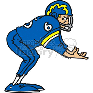 This clipart image features an illustrated depiction of an American football player, likely a quarterback, in a stance as if ready to receive the snap from the center. The player is wearing a helmet with a face cage, a football uniform including shoulder pads and a jersey with the number 6, pants with a stripe, and cleats.