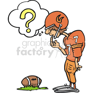 The image shows a cartoon character depicting an American football player. He is wearing an orange uniform with the number 7, a helmet, and is holding his chin as if deep in thought or confusion with a speech bubble containing a question mark above his head. A football is placed on the ground in front of him, suggesting he may be unsure of what to do next in the game.